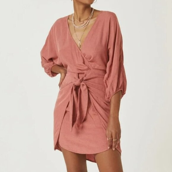 Anthropologie NWT Puff Sleeve Wrap Mini Dress Linen Blend Tie Front Pink Size 8 - Picture 2 of 16